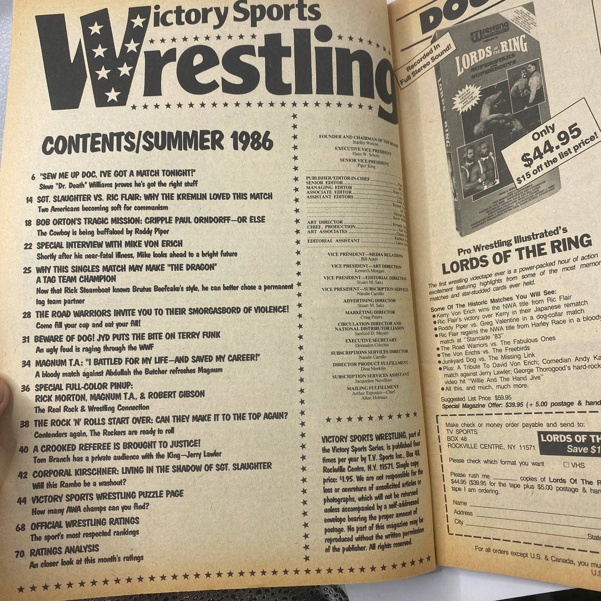 Interior page of VTG Victory Sports Wrestling Magazine Summer 1986 showcasing the table of contents and article titles.