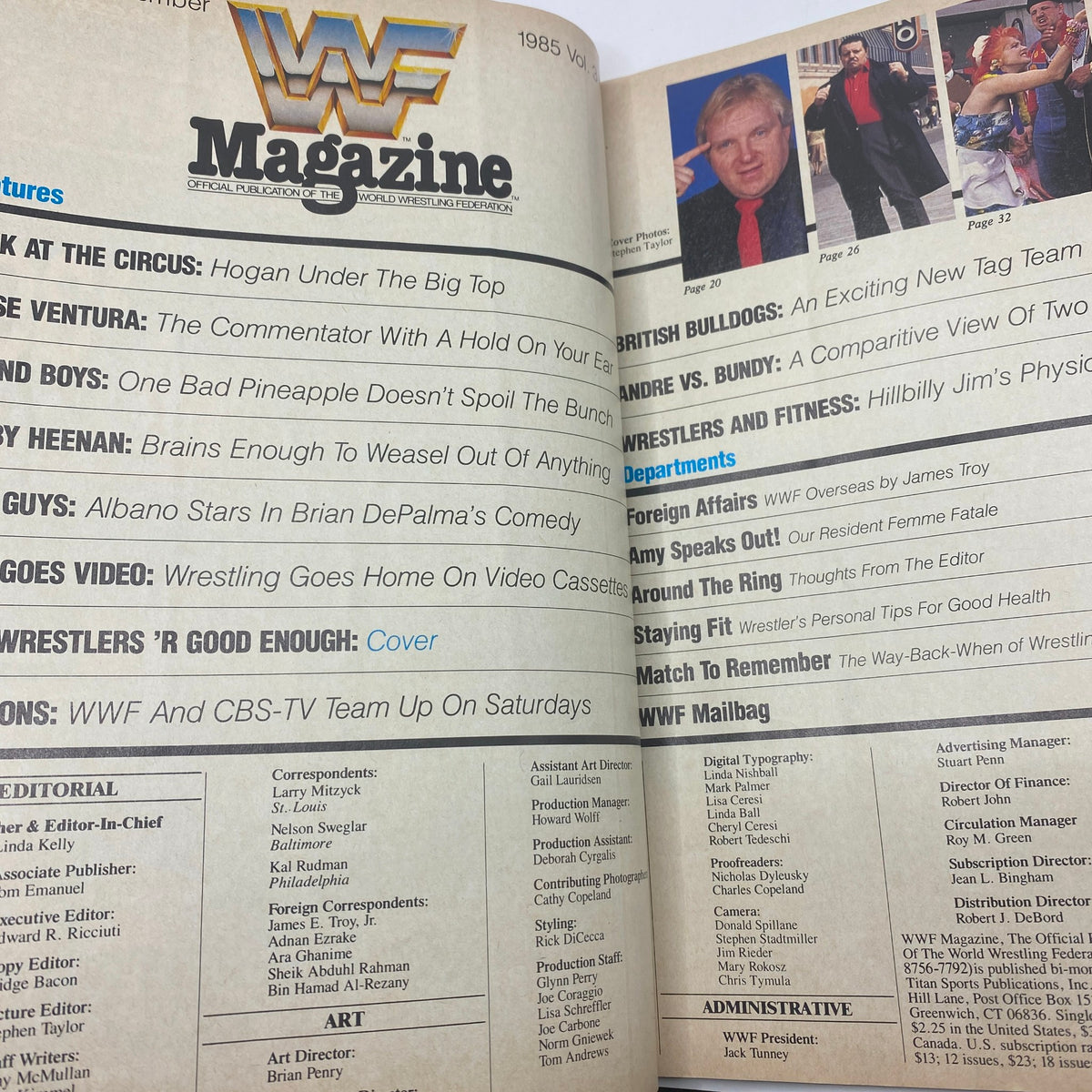 Inside spread of VTG WWF Wrestling Magazine August 1985 showing editorial content and feature articles, including segments on celebrity involvement in wrestling.