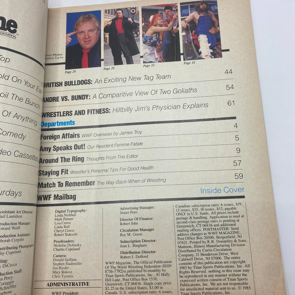 Another inside view of VTG WWF Wrestling Magazine August 1985 with detailed listings of articles and features on wrestling personalities and events.