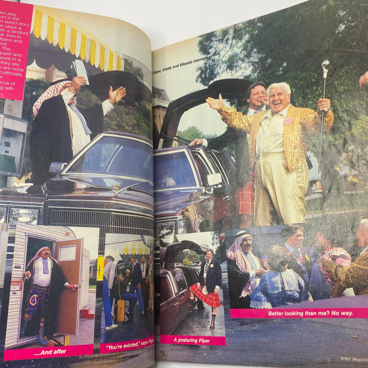 Inside view of the VTG WWF Wrestling Magazine August 1985 featuring comedic scenes with wrestlers, including Lou Albano and others, celebrating in front of a luxury car. Highlights the crossover appeal of wrestling in pop culture.