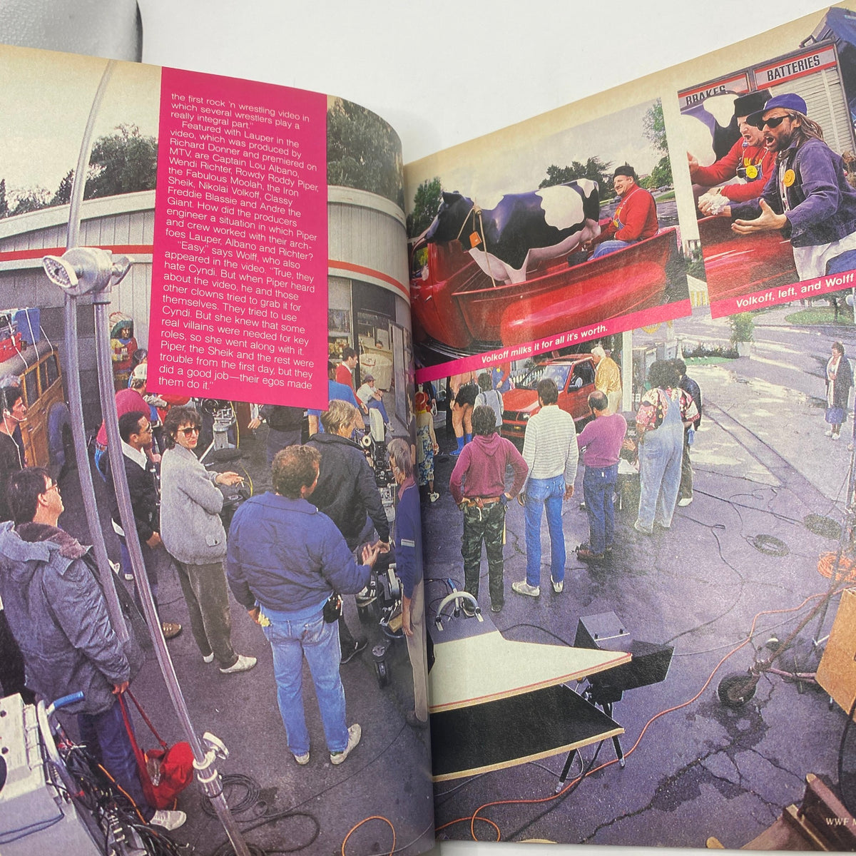 Behind-the-scenes look from the VTG WWF Wrestling Magazine August 1985 showcasing a filming set with wrestlers and crew members preparing for production. Reflects the collaborative effort in creating wrestling entertainment.