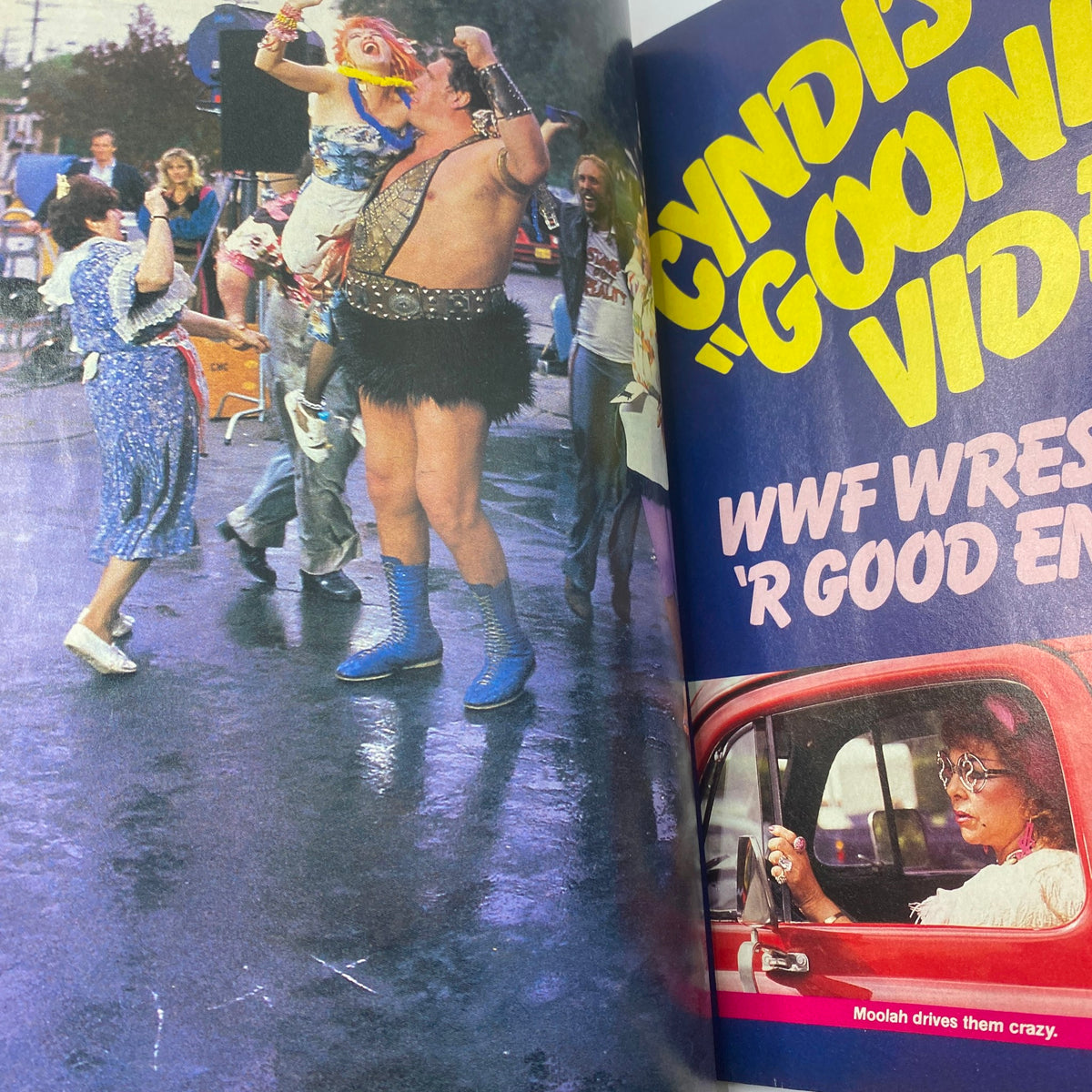 Dynamic scene from the VTG WWF Wrestling Magazine August 1985 where wrestlers perform a comedic act, featuring a lively atmosphere with fans and participants engaging. Captures the vibrant spirit of wrestling during the 1980s.