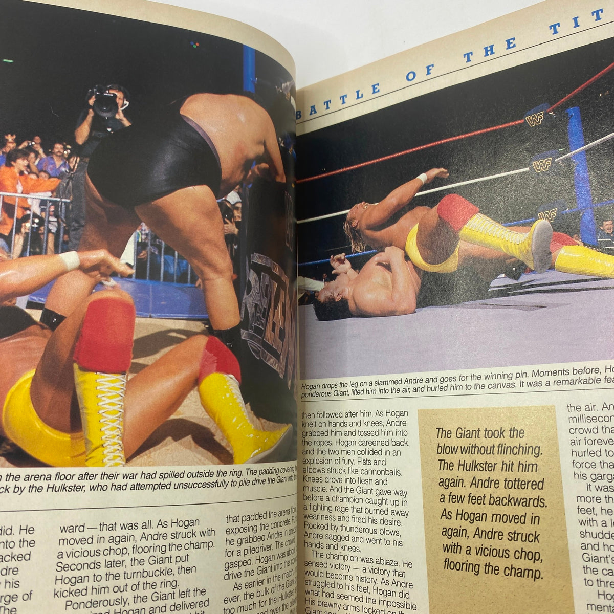 Action scene from the VTG WWF Wrestling Magazine July 1987 showcasing the iconic battle between Hulk Hogan and Andre the Giant in the wrestling ring.