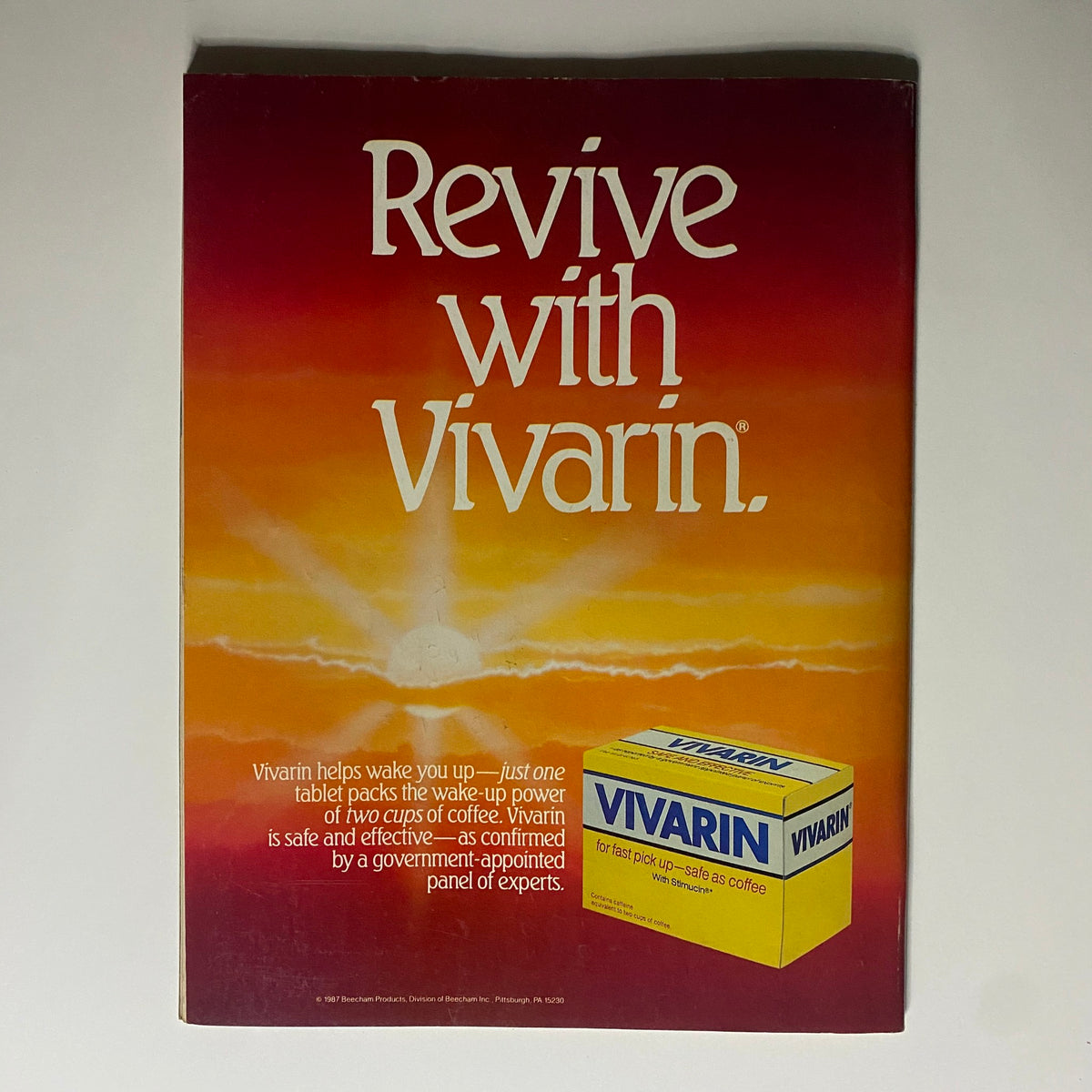 Vintage advertisement for Vivarin on the back cover of the VTG WWF Wrestling Magazine July 1987, promoting its wake-up power equivalent to coffee.