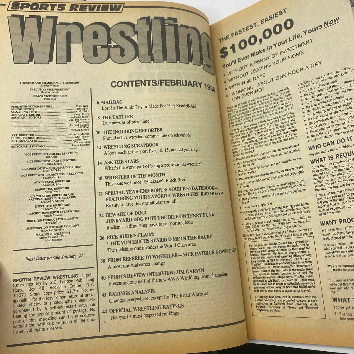 Inside page of Vintage Sports Review Wrestling Magazine February 1986, displaying the contents and articles related to wrestling history and key events.