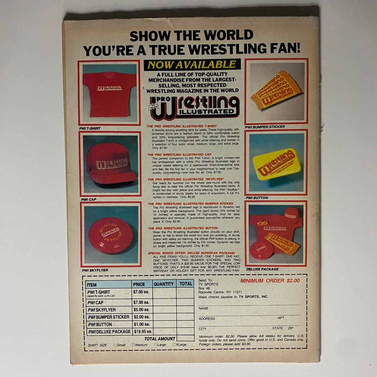 Back cover of Vintage Sports Review Wrestling Magazine February 1986, advertising wrestling merchandise including T-shirts, caps, and bumper stickers.