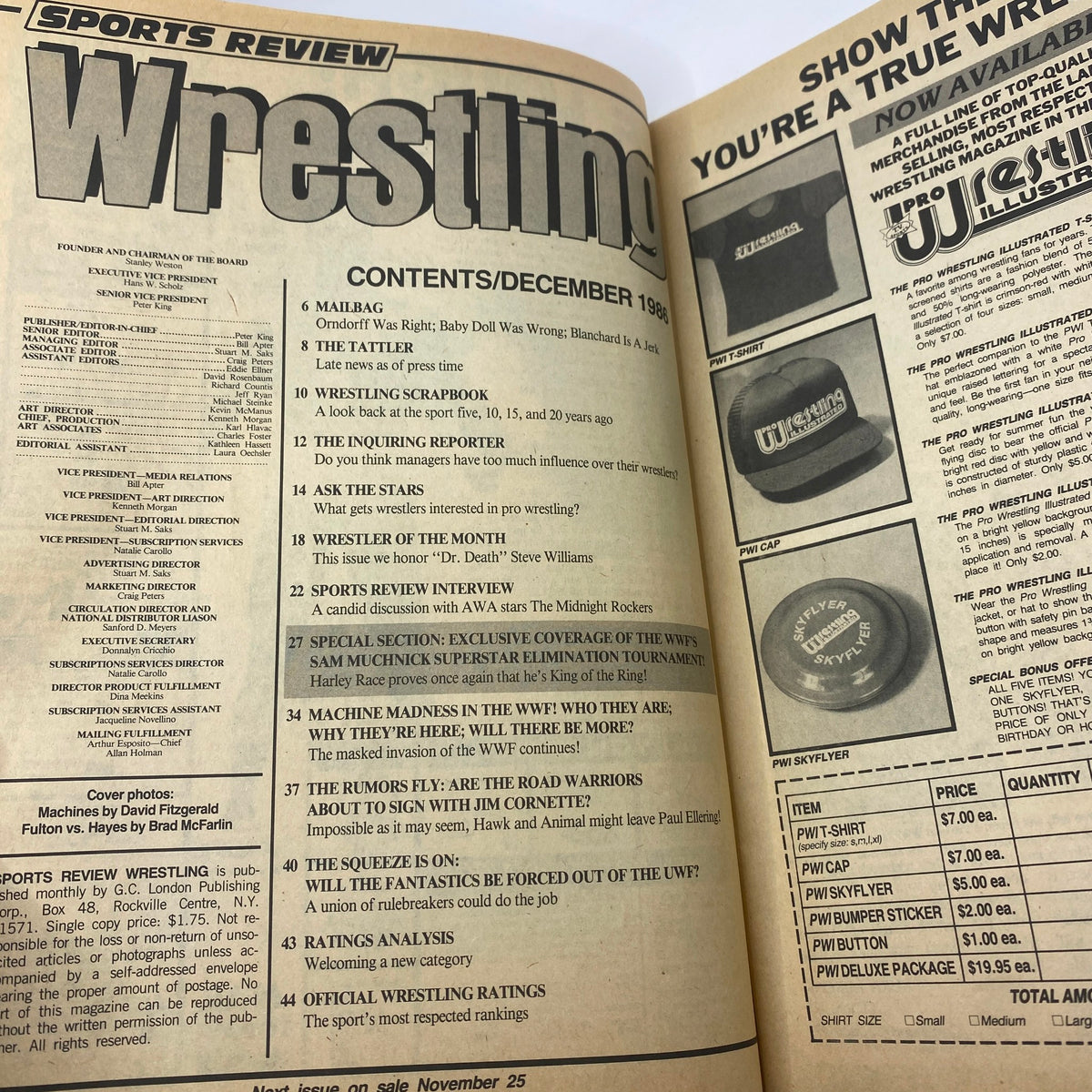 Interior page of the VTG Sports Review Wrestling Magazine December 1986 displaying the table of contents with notable articles including 'Wrestling Scrapbook' and coverage of the WWF's Sam Muchnick Elimination Tournament.