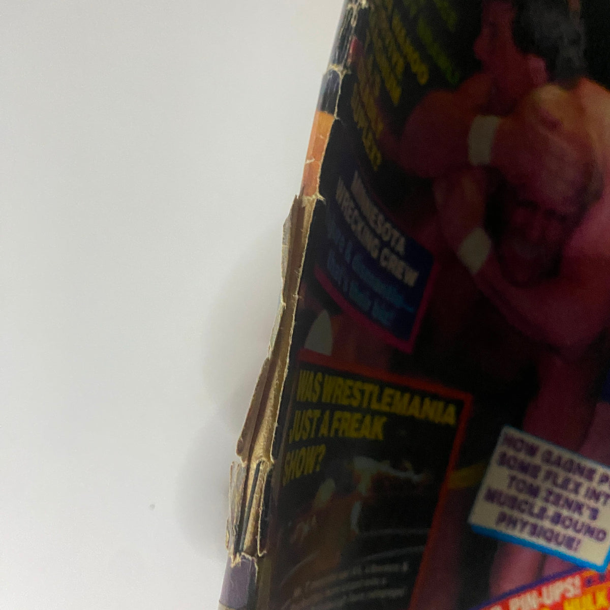 Side view of the VTG Wrestling Scene Magazine June 1985 featuring Hulk Hogan and Roddy Piper, displaying slight wear consistent with age.