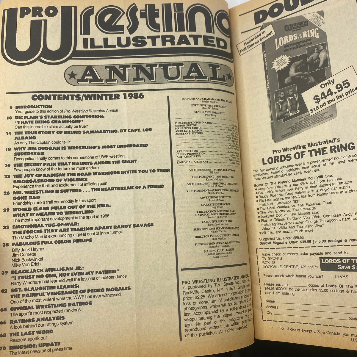 Interior page from Vintage Pro Wrestling Illustrated Winter 1986 magazine featuring contents list and highlights on the legendary tag team The Road Warriors, capturing the essence of 1980s professional wrestling.