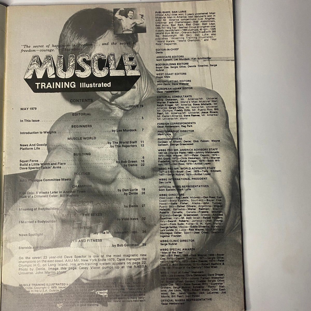 Interior page of Muscle Training Illustrated May 1979 No. 76, displaying the table of contents and highlighting articles on bodybuilding techniques and nutrition.