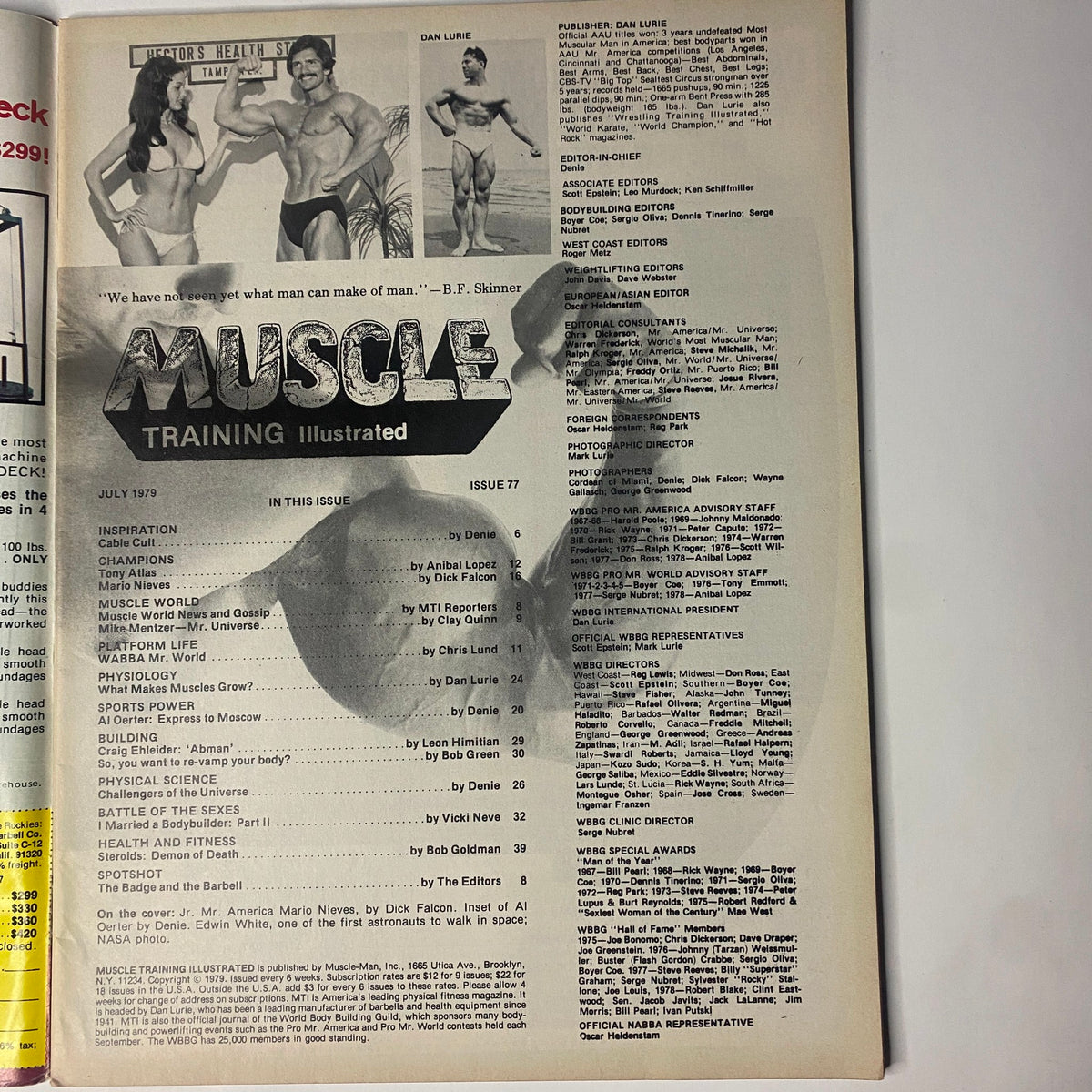 Inside page of Muscle Training Illustrated July 1979 No. 77 showcasing the table of contents, detailing featured articles and profiles of bodybuilding champions.