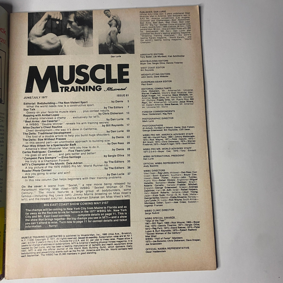 Table of contents page from Muscle Training Illustrated July 1977 No. 61, listing articles and features related to bodybuilding and fitness.