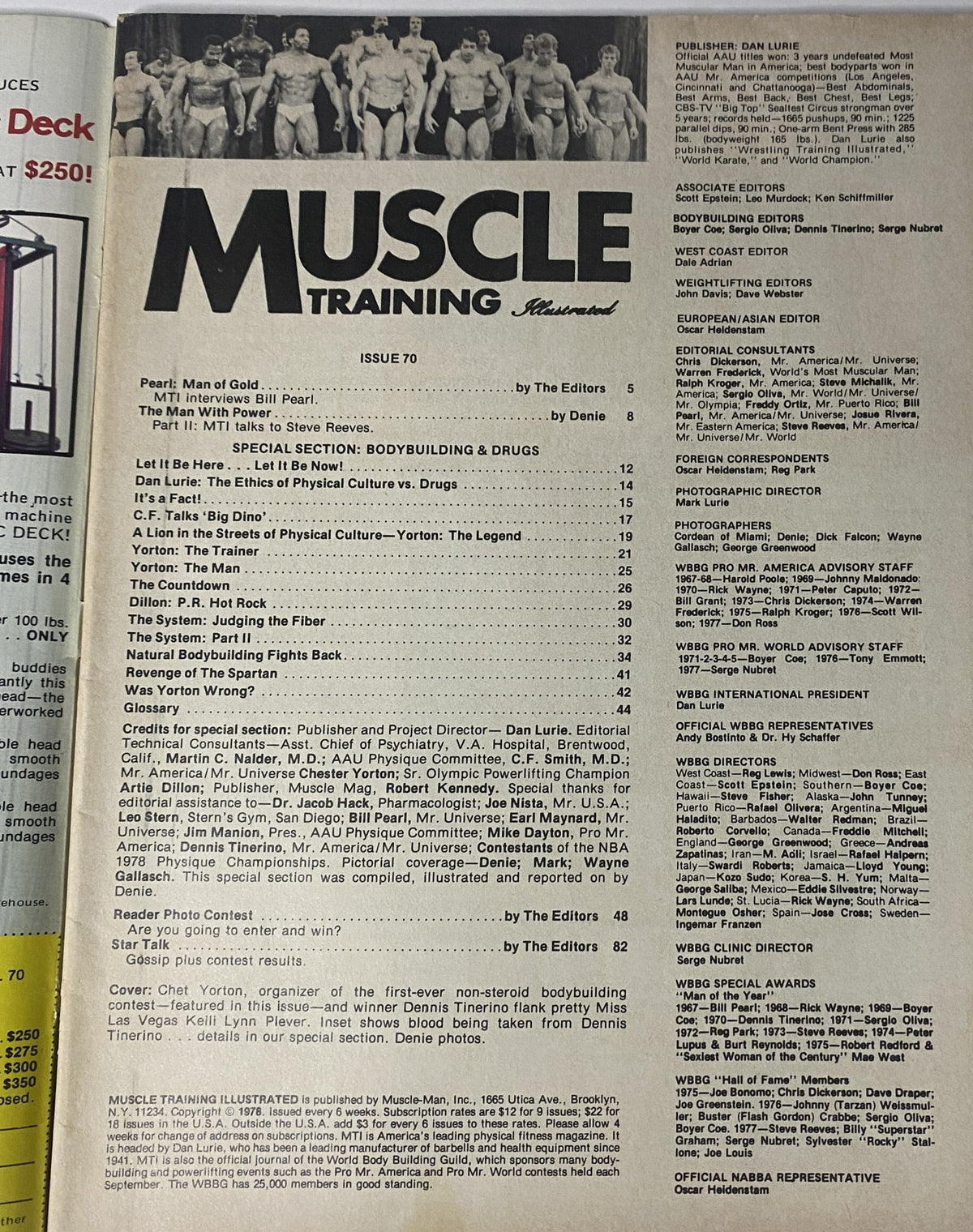 Table of contents from Muscle Training Illustrated October 1978, No. 70, highlighting articles on bodybuilding ethics and the special section on drugs in sports.