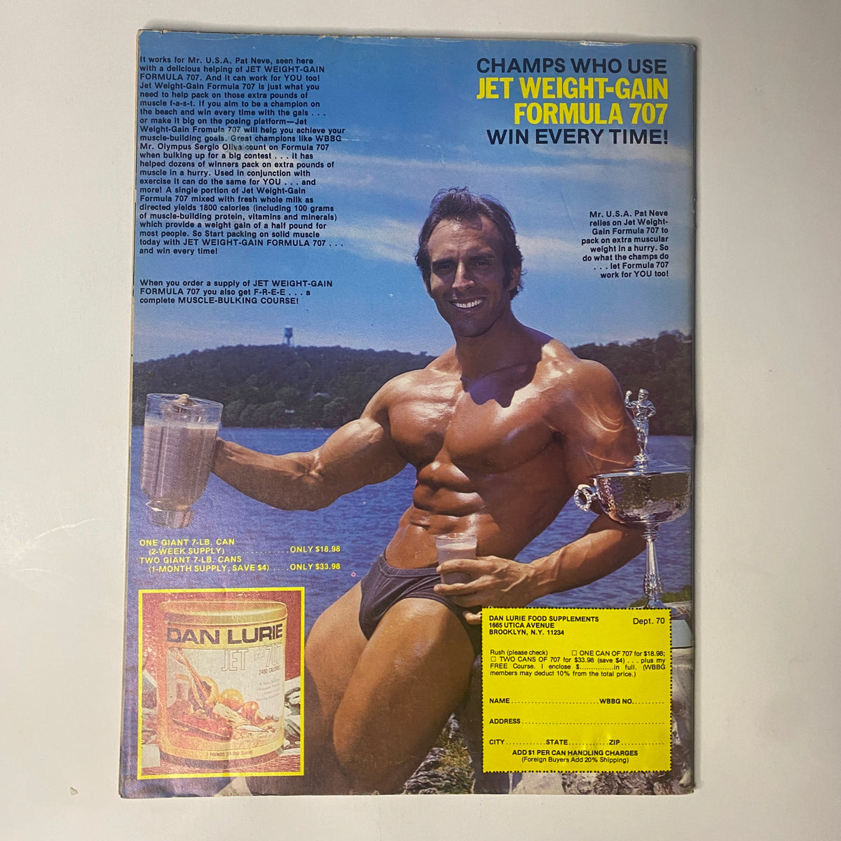 Back cover of Muscle Training Illustrated October 1978, No. 70, featuring Mr. U.S.A. demonstrating Jet Weight-Gain Formula 707, promoting bodybuilding supplements.