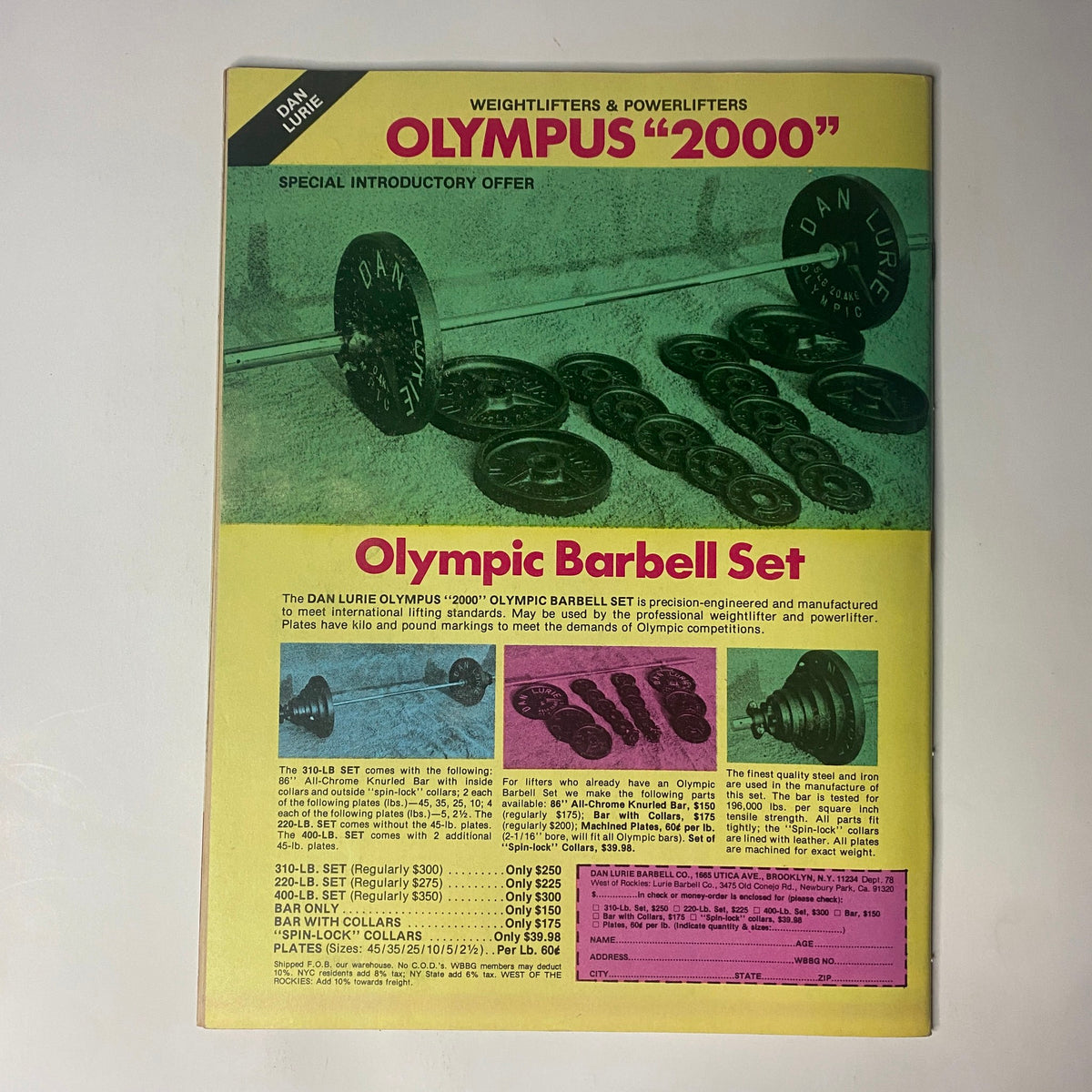 Back cover of Muscle Training Illustrated, August 1979, advertising the Dan Lurie Olympus '2000' Olympic Barbell Set, targeted for weightlifters and powerlifters.