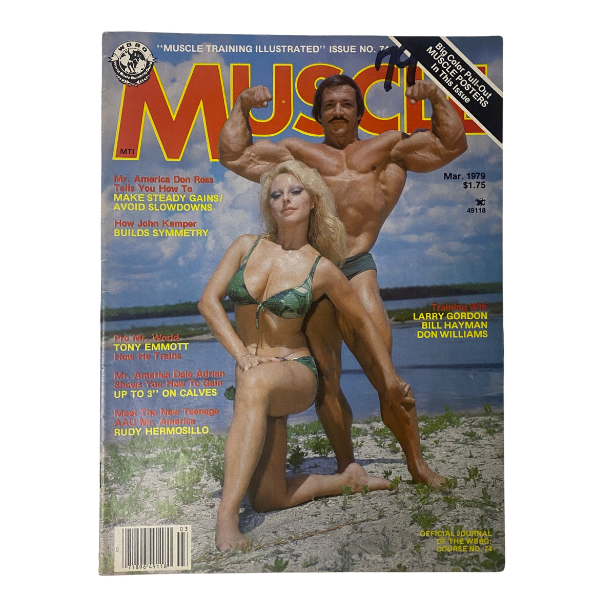 Cover of Muscle Training Illustrated, March 1979 issue featuring bodybuilders Casey Viator and Lynde Johnson in a scenic outdoor setting. The cover highlights topics on bodybuilding techniques and workout tips.