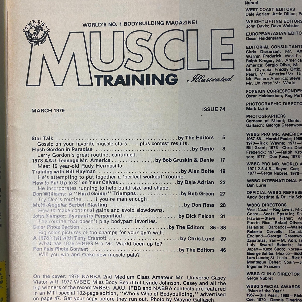 Table of contents page from Muscle Training Illustrated March 1979 featuring articles on bodybuilding, training tips, and competitions. The issue highlights Casey Viator and Lynde Johnson.