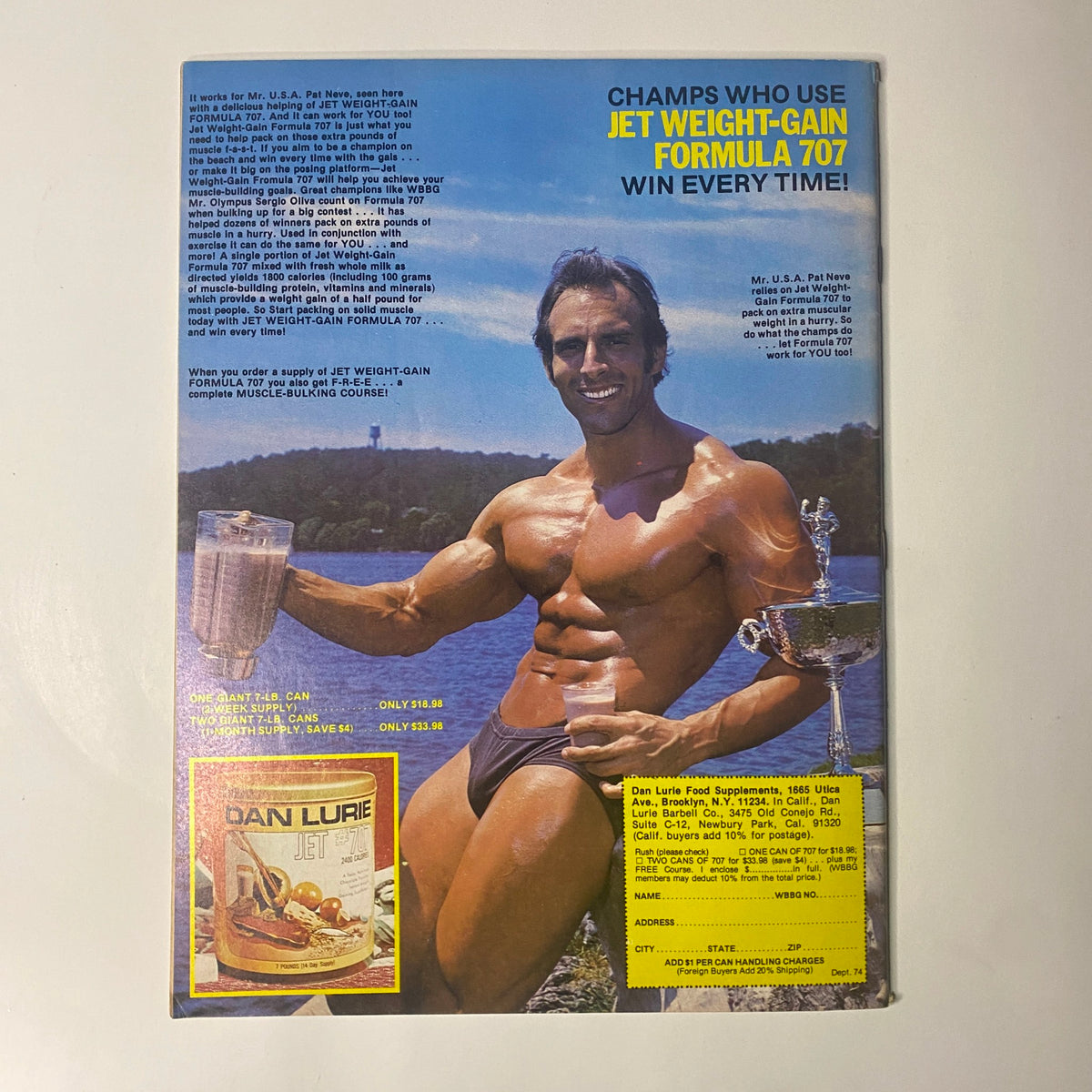 Back cover of Muscle Training Illustrated March 1979 featuring a muscular male bodybuilder promoting Jet Weight-Gain Formula 707, alongside images of a trophy and promotional text.
