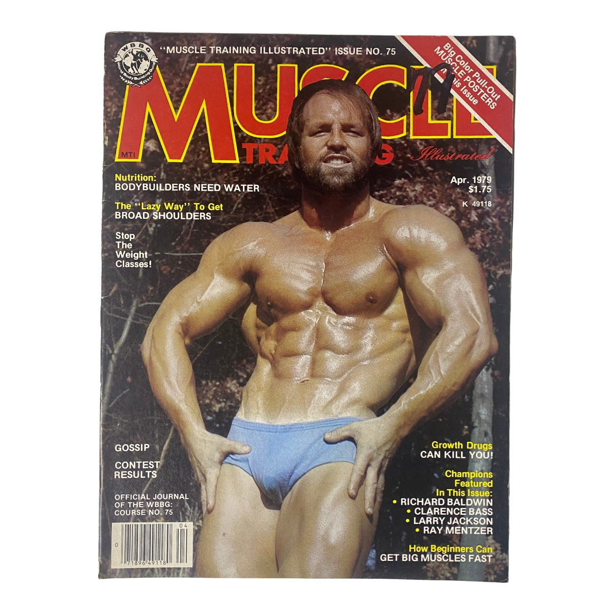 Cover of Muscle Training Illustrated April 1979 No. 75 featuring Mr. Eastern States Craig Ehleider in swim trunks, highlighting bodybuilding tips and nutrition insights.