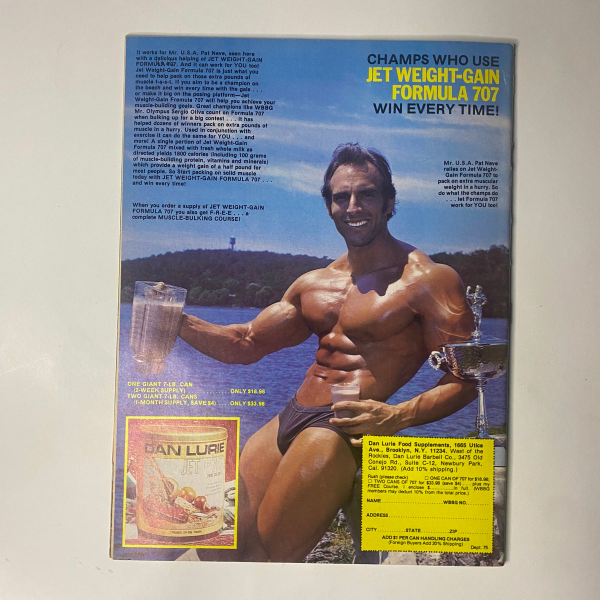 Muscle Training Illustrated April 1979 No. 75 includes the back cover showing a well-built male bodybuilder holding a trophy and promoting Jet Weight-Gain Formula 707, exemplifying bodybuilding success.
