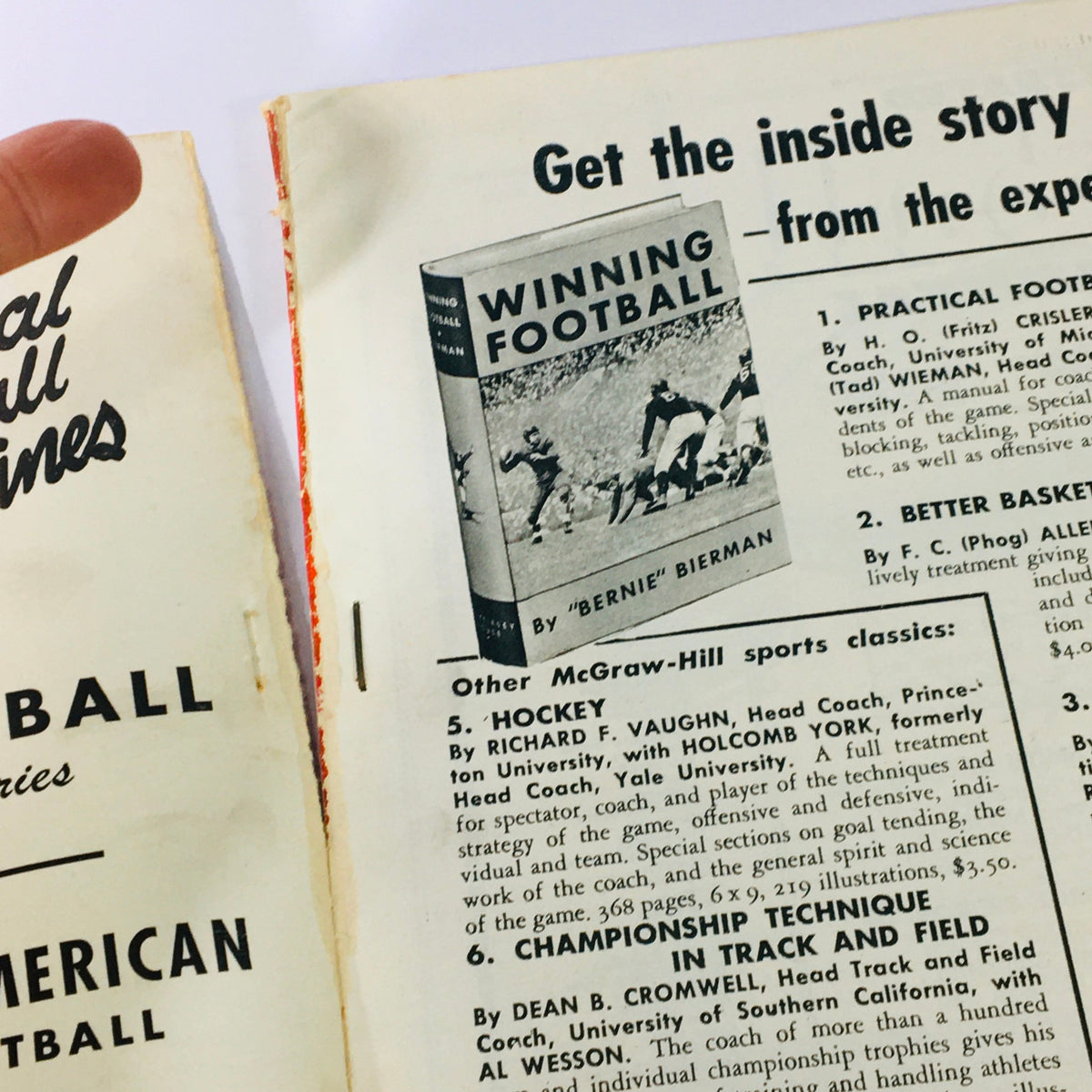 Inside page of VTG Illustrated Football Annual Magazine 1946 featuring book advertisement 'Winning Football' and other McGraw-Hill sports classics.