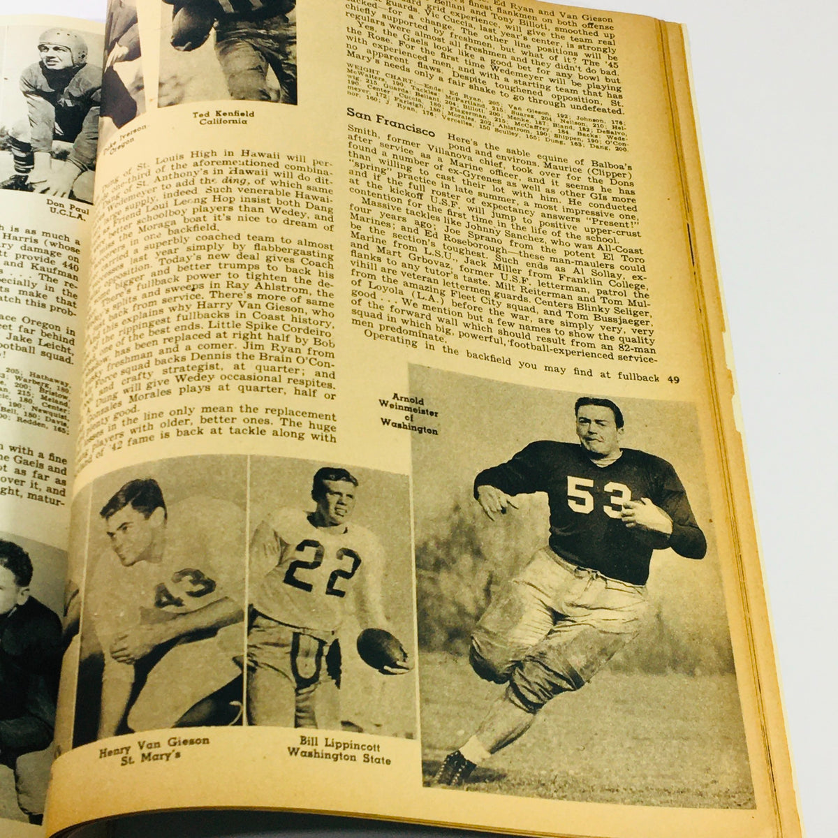 Image of football players and commentary from the 1946 VTG Illustrated Football Annual Magazine, depicting historical game moments and athlete profiles.