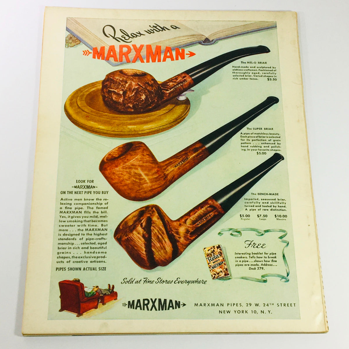VTG Illustrated Football Annual Magazine 1946 featuring vintage advertisement for Marxman pipes, showcasing different pipe styles and prices, providing a glimpse into mid-20th century leisure culture.