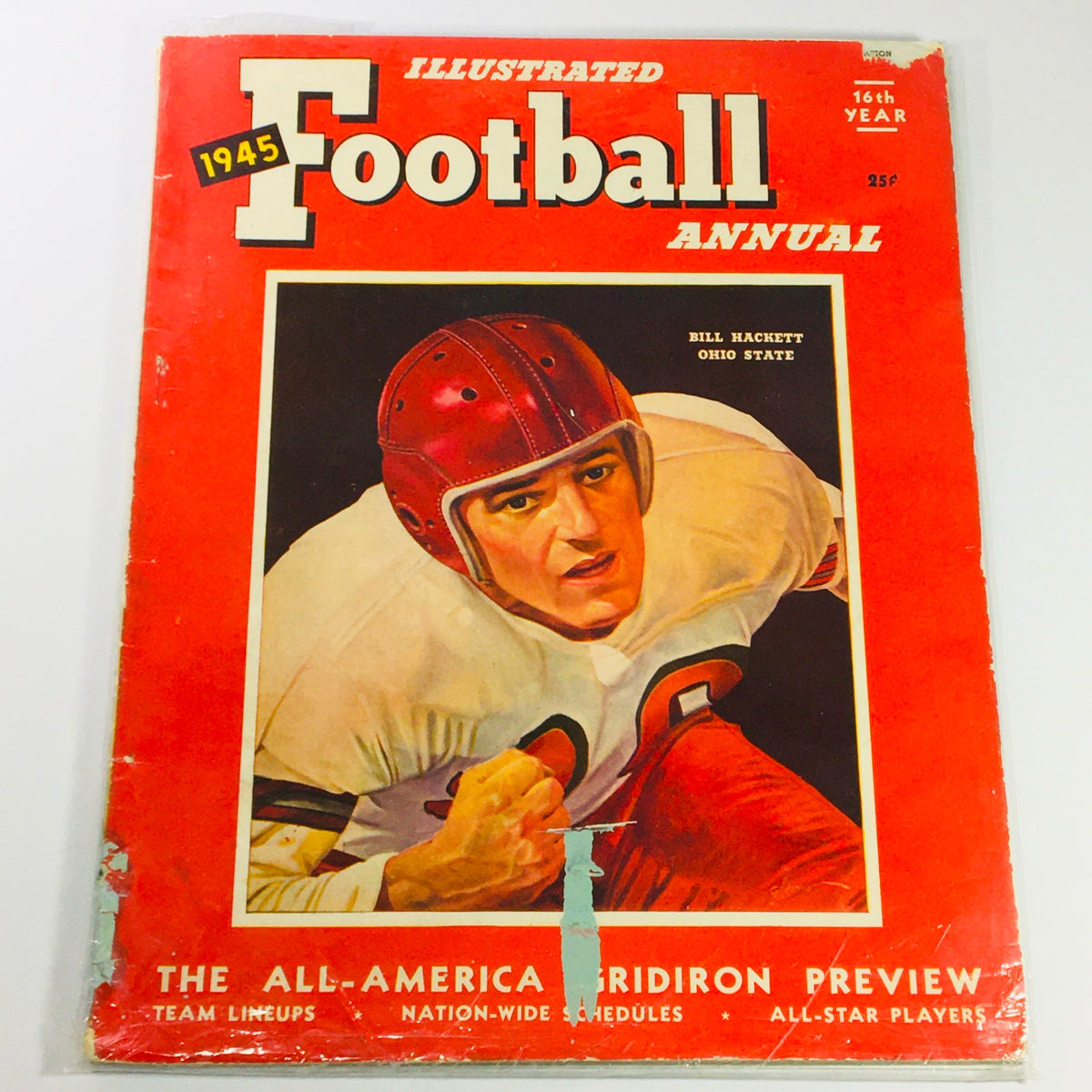 Cover of VTG Illustrated Football Annual Magazine 1945 featuring Bill Hackett of Ohio State, showcasing vintage sports illustrations and vibrant red design.