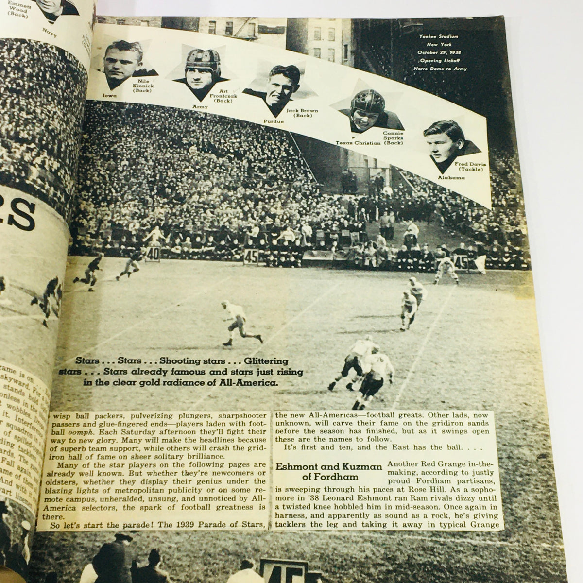 Inside spread of the VTG Illustrated Football Annual Magazine 1939 showcasing a football game scene with players featured from the 1939 season.