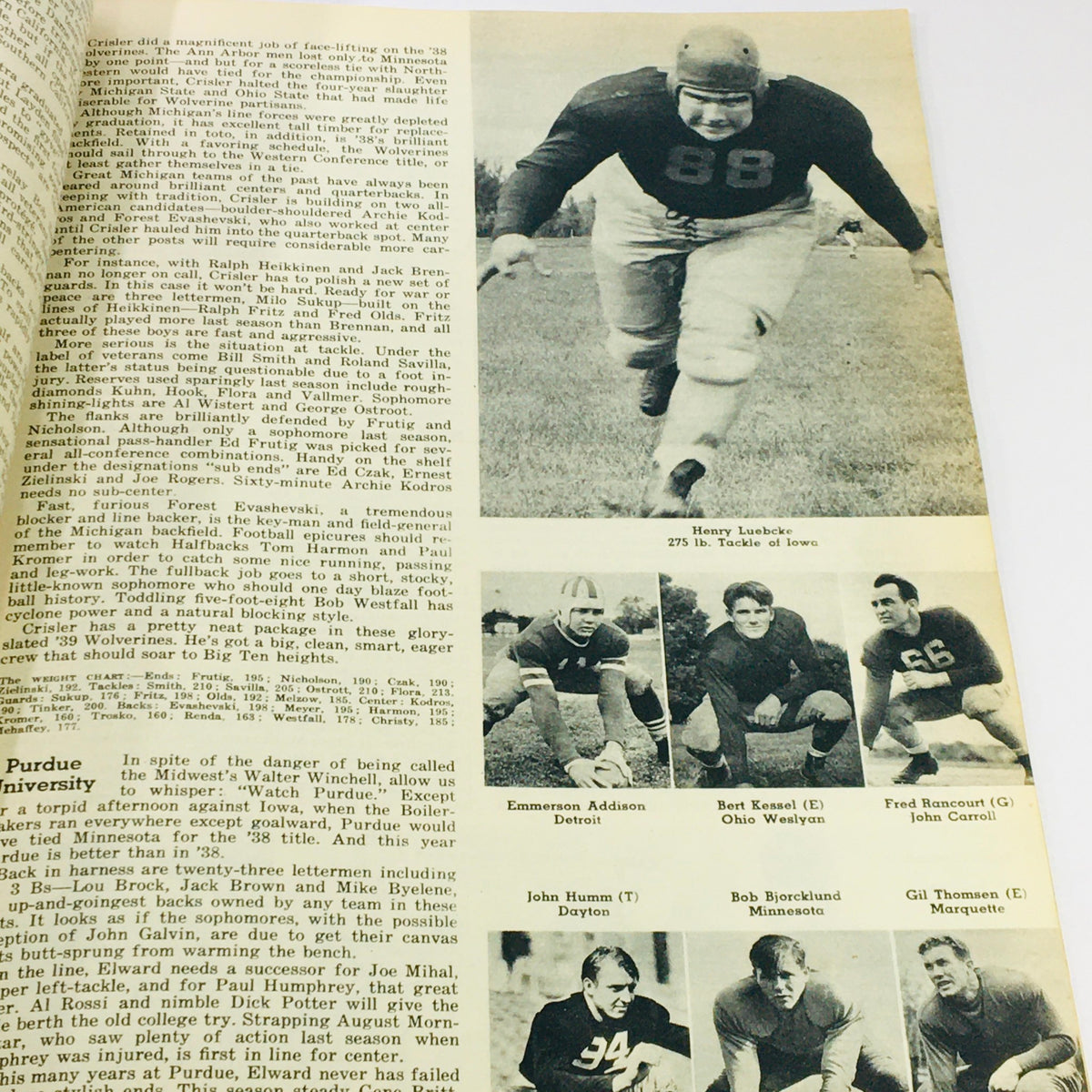 Detailed page from the VTG Illustrated Football Annual Magazine 1939 highlighting Henry Luebcke's profile as a significant player from Iowa.