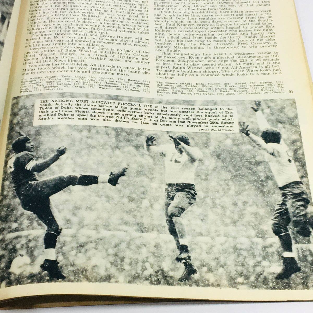 Inside page of the VTG Illustrated Football Annual Magazine 1939 depicting a snowy football game with players showcasing the sport's historical context.