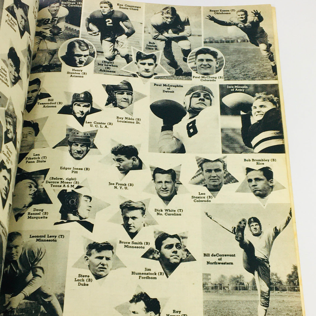Illustration of standout football players in the Sophomore Stars of 1939 segment from the VTG Illustrated Football Annual Magazine 1939 - Henry Luebcke, Tackle of Iowa. Features athletes such as Ken Casanova, Paul McGlung, and more, celebrating football talent from that season.