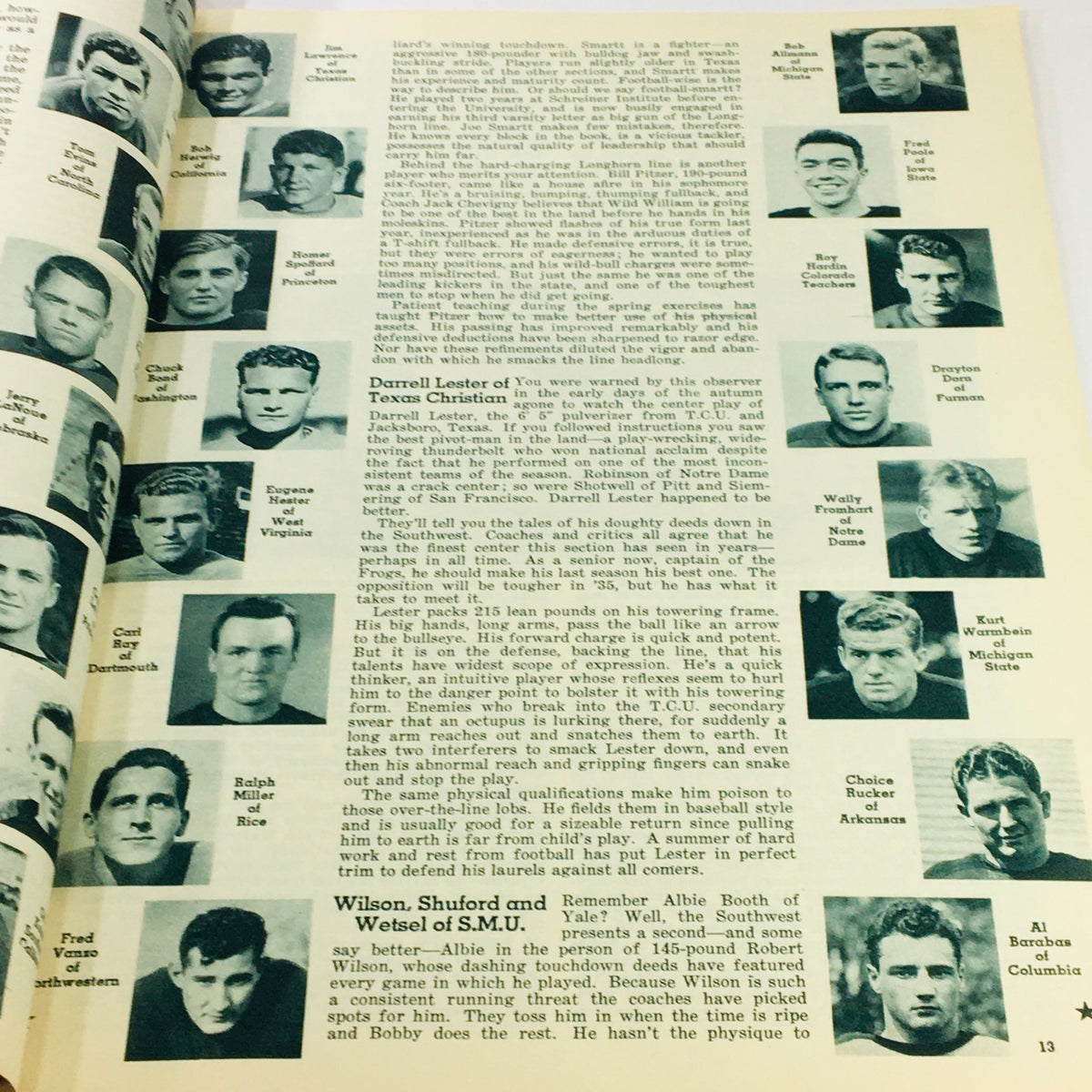Inside page of the VTG Illustrated Football Annual Magazine 1935 featuring player portraits and commentary by Francis Powers and Braven Dyer.