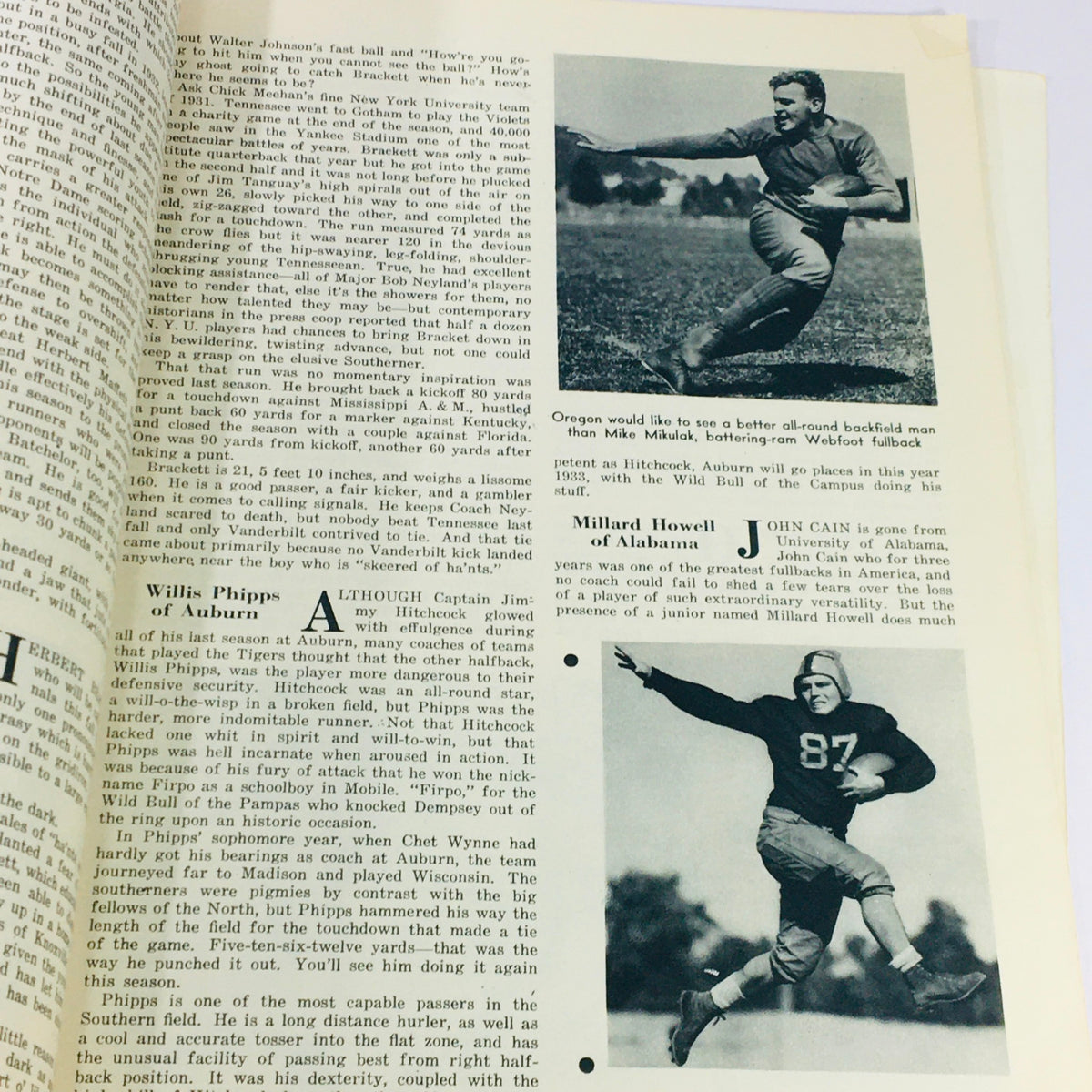 A page inside the VTG Illustrated Football Annual Magazine 1933 focusing on Millard Howell of Alabama, showcasing an article with illustrations of football players.