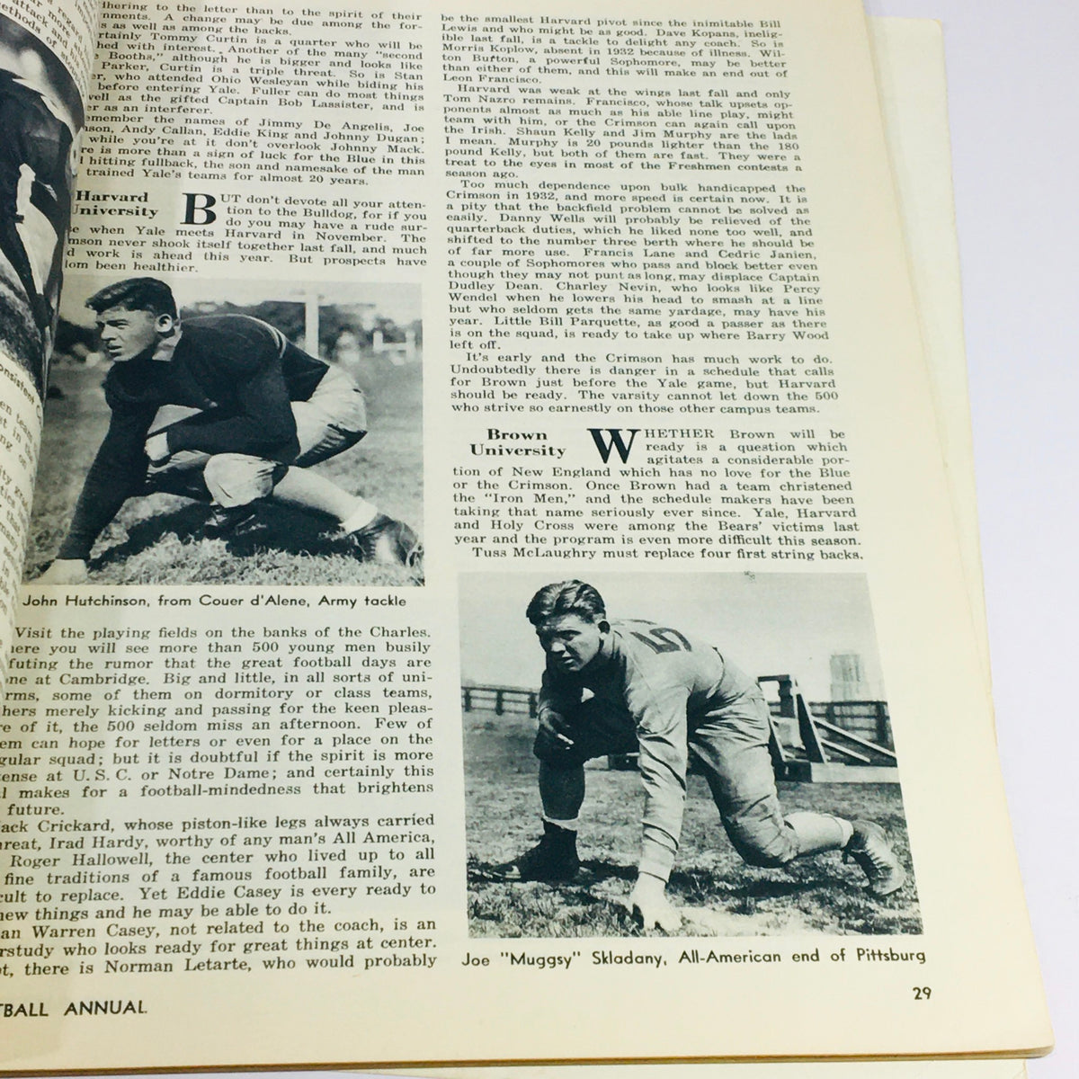 A page from the VTG Illustrated Football Annual Magazine 1933 featuring photographs of football players, including John Hutchinson and Mugsy Skladany, with accompanying text.