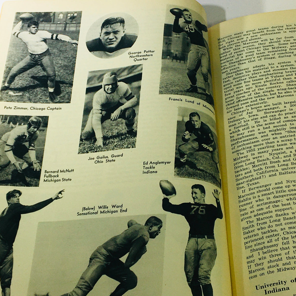 A page from the VTG Illustrated Football Annual Magazine 1933, displaying images of football players such as Pete Zimmer and Joe Gailus, emphasizing the era's sports achievements.