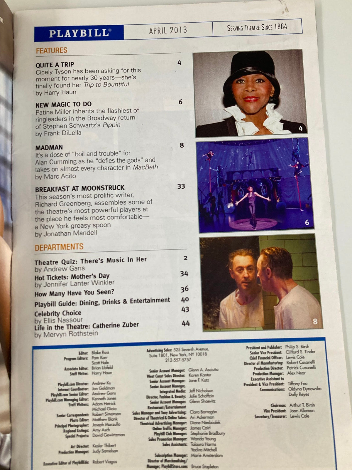 Inside page of the 2013 Playbill for The Big Knife by Clifford Odets, featuring articles and features related to the theater production.