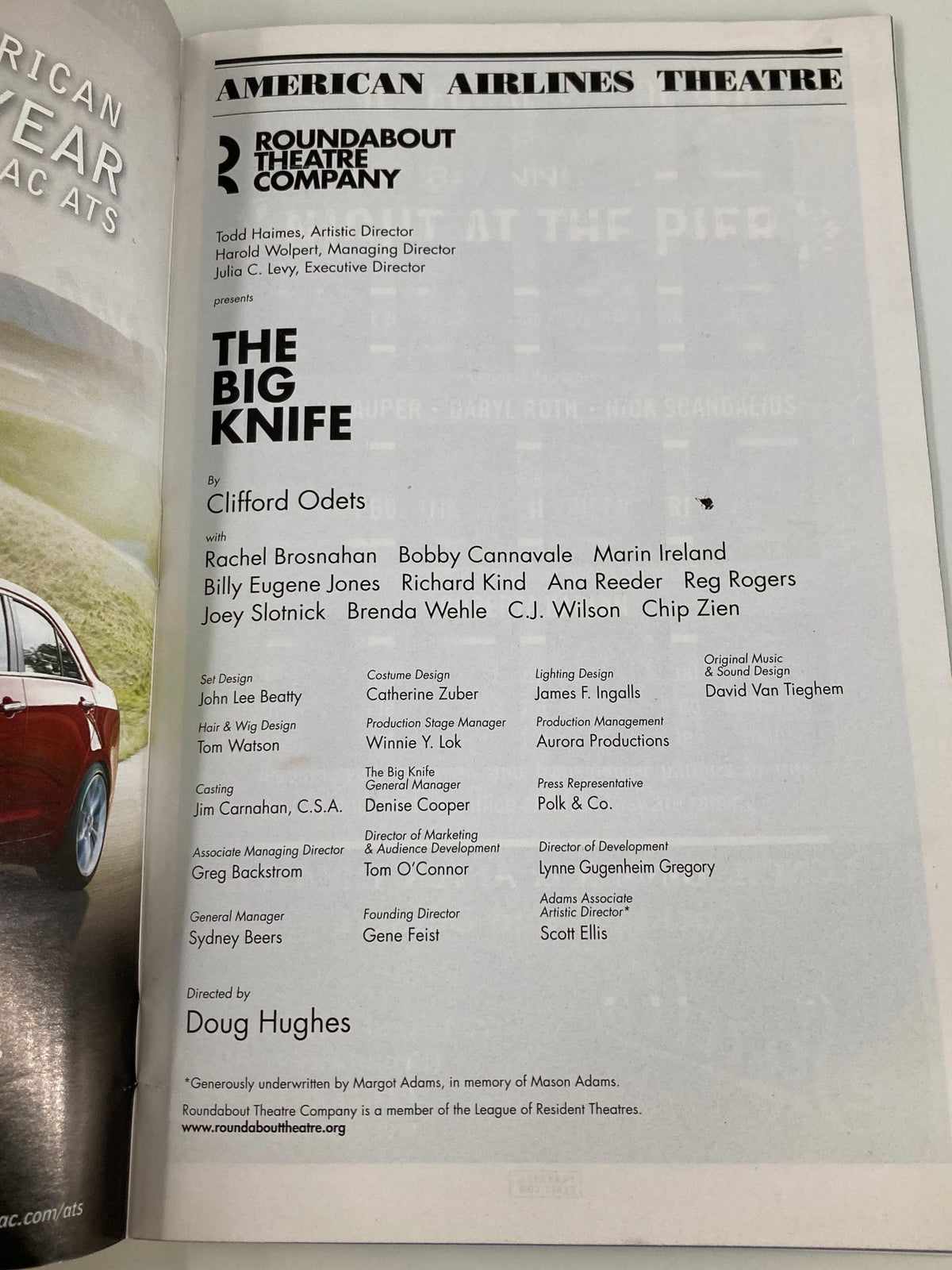Credits and cast list for The Big Knife by Clifford Odets from the 2013 Playbill, highlighting key production staff and actor roles.