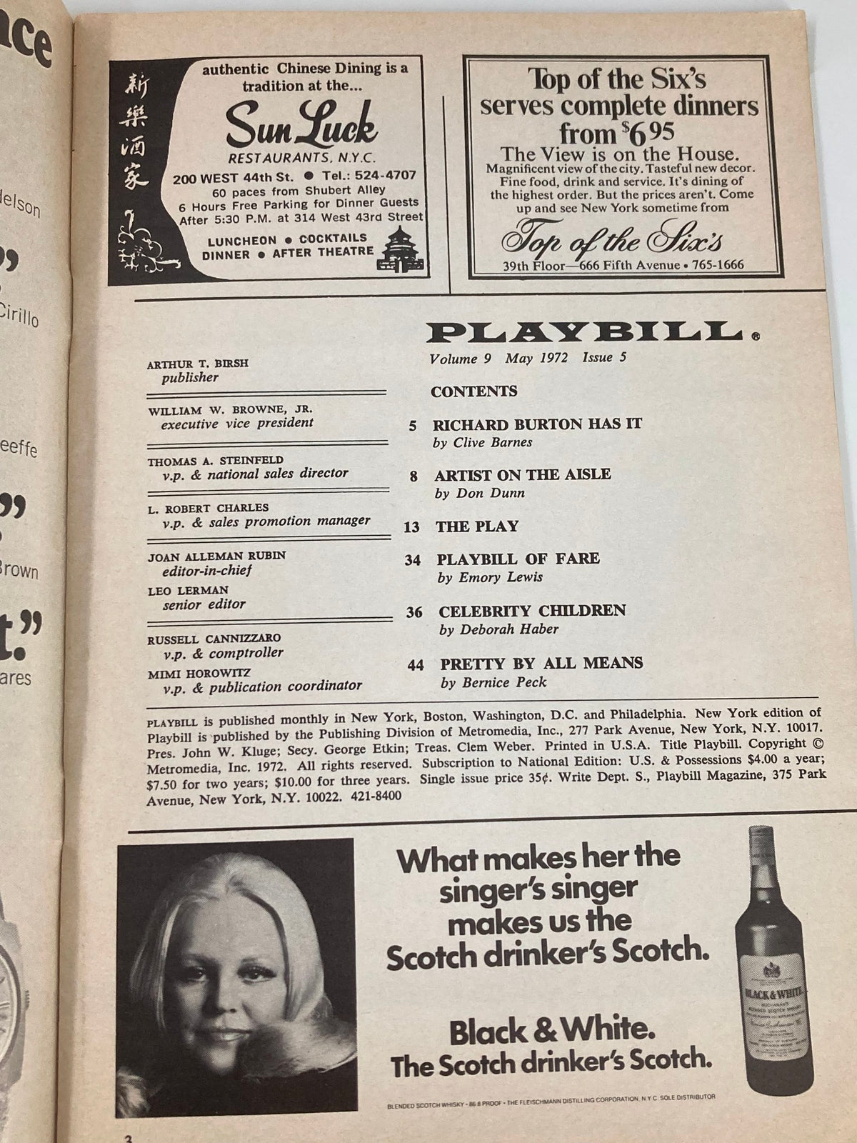 1972 Playbill interior showing the contents and advertisements, part of the Twigs production at The Plymouth Theatre.