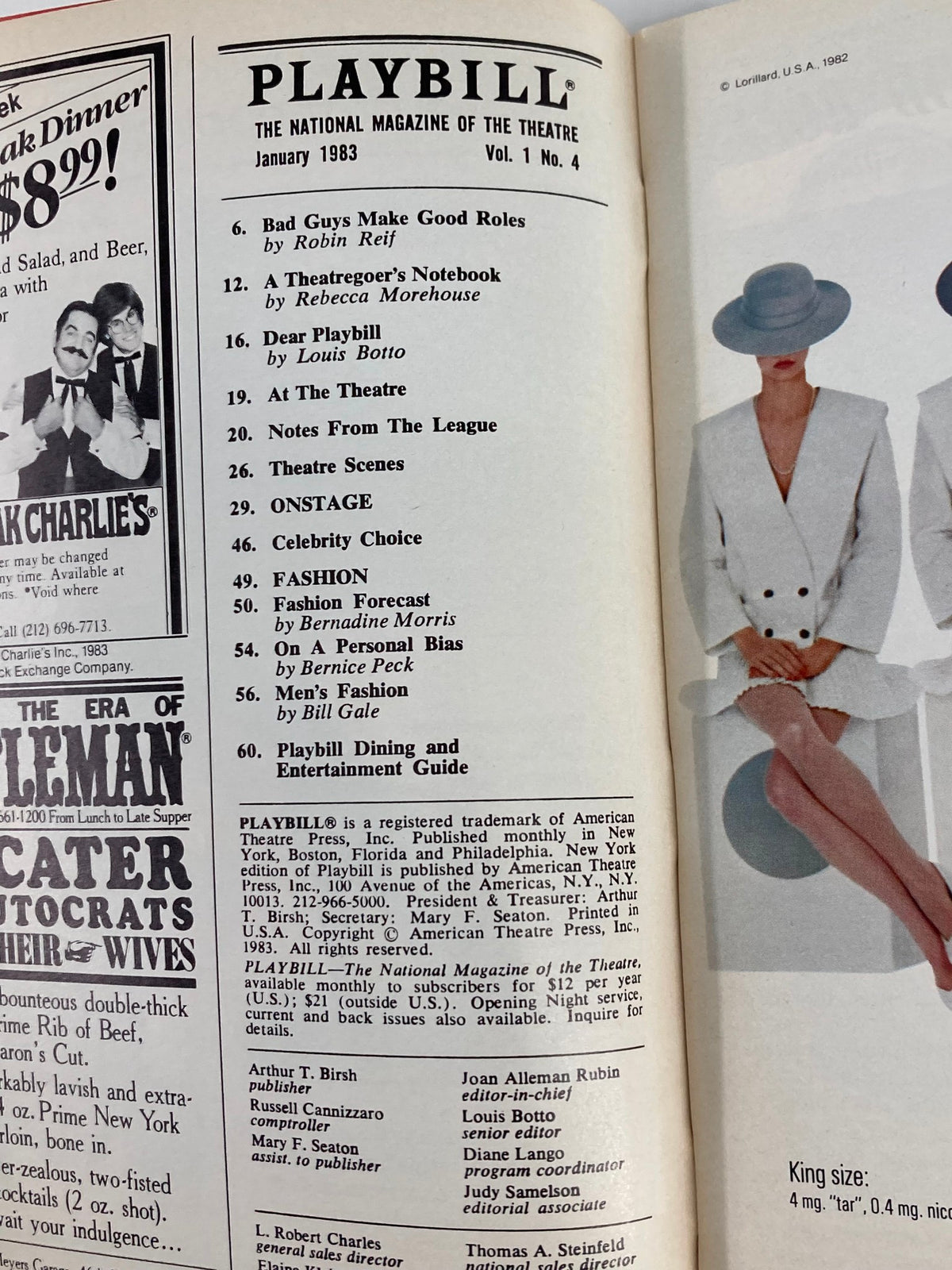Inside of the 1983 Playbill from Plymouth Theatre for 'Plenty', displaying the content list including articles, fashion forecasts, and features on theatrical performances, offering a glimpse into the theater culture of the early 1980s.