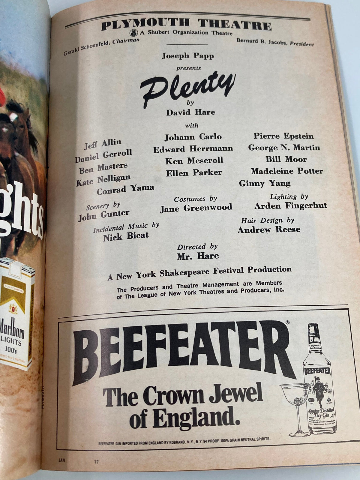 1983 Playbill from Plymouth Theatre featuring the play Plenty by David Hare, showcasing cast members Jeff Allin and Johann Carlo along with other notable actors. The image highlights the vintage format and cultural significance of this theatrical magazine.