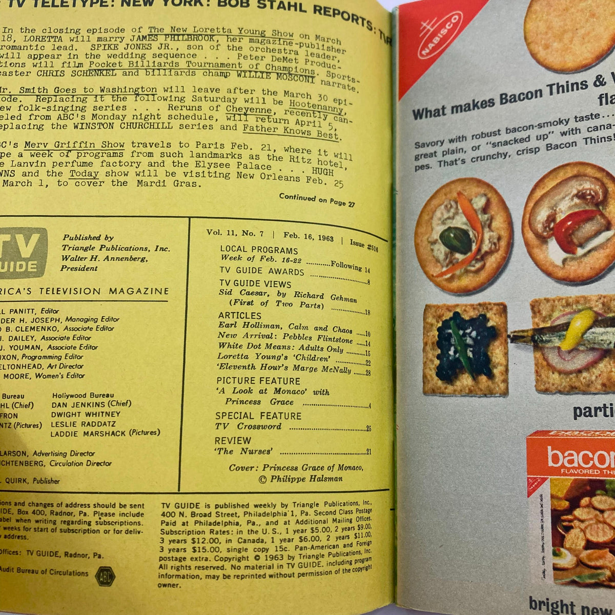 Inside page of TV Guide Magazine from February 16, 1963, issue #516, showcasing program listings and features including a special on Princess Grace of Monaco.