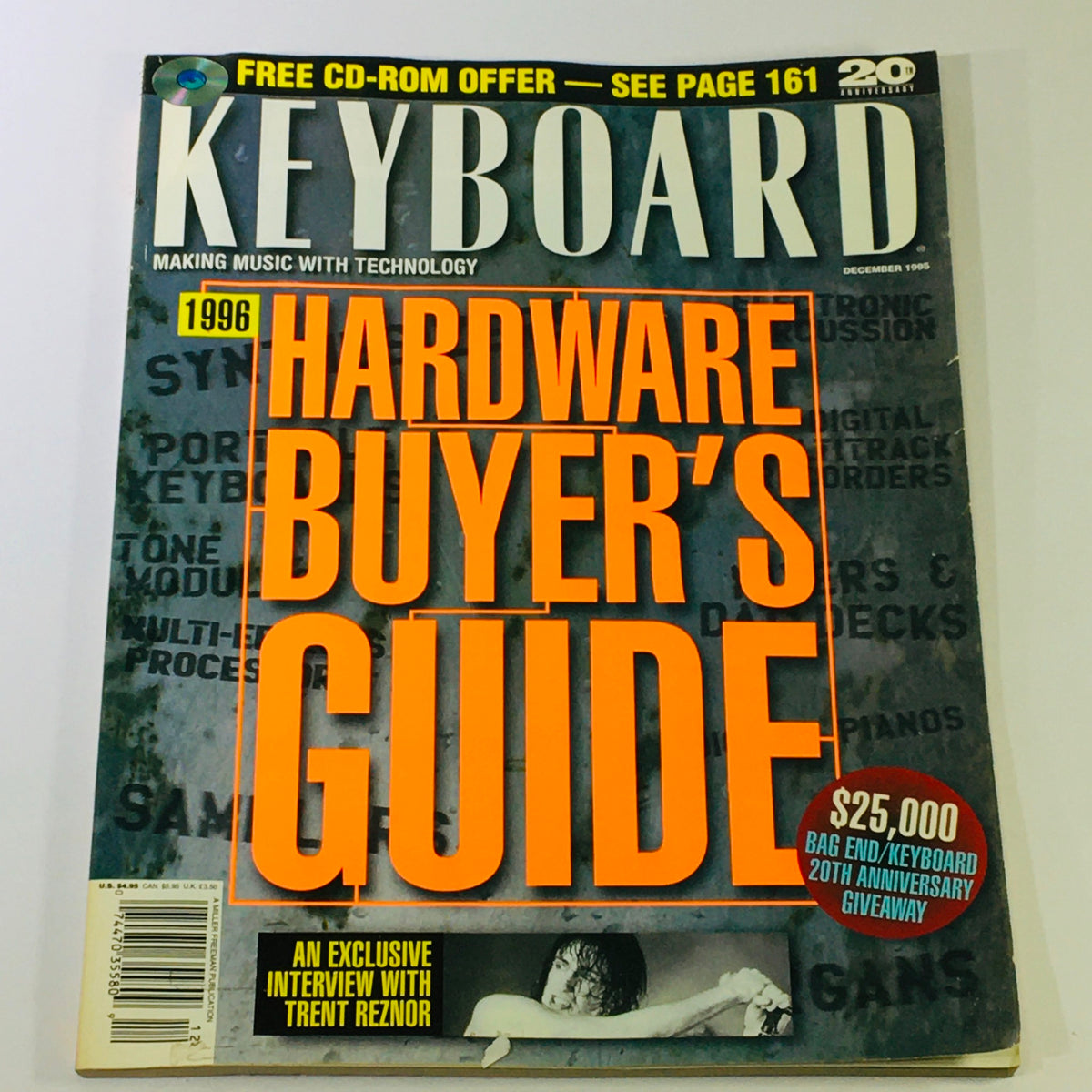 Cover of Keyboard Magazine December 1995 featuring the title 'Hardware Buyer's Guide' prominently displayed. The magazine includes an exclusive interview with Trent Reznor and highlights various music technology products from 1996.