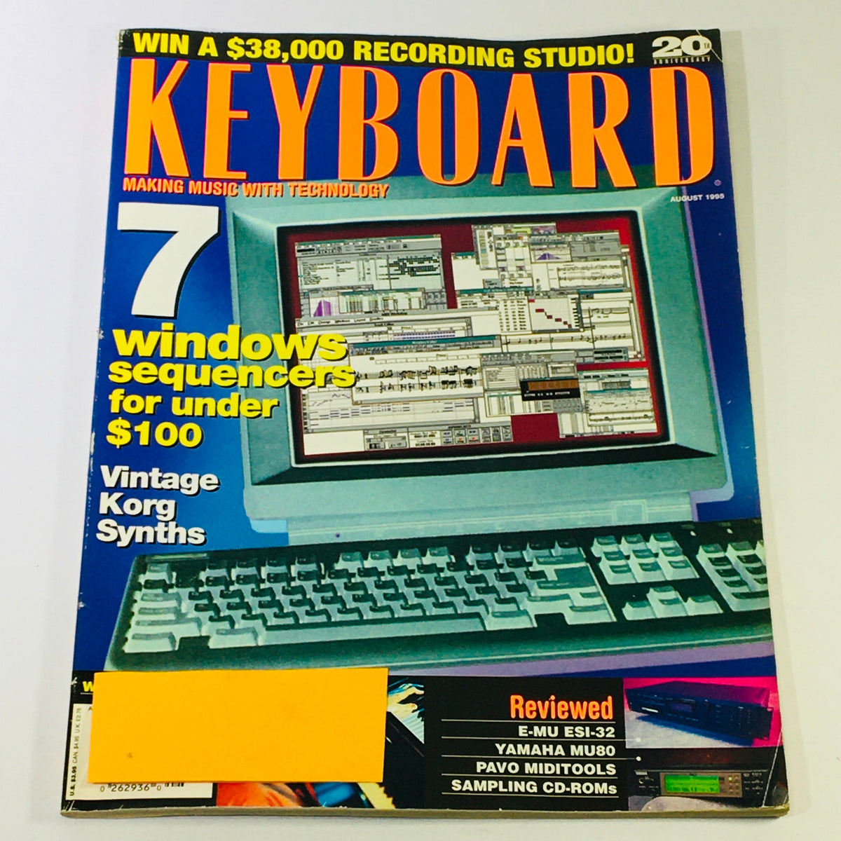 Cover of Keyboard Magazine August 1995 featuring vintage Korg synthesizers and Yamaha MU80 reviews, highlighting its 20th anniversary, with a computer showcasing music software.
