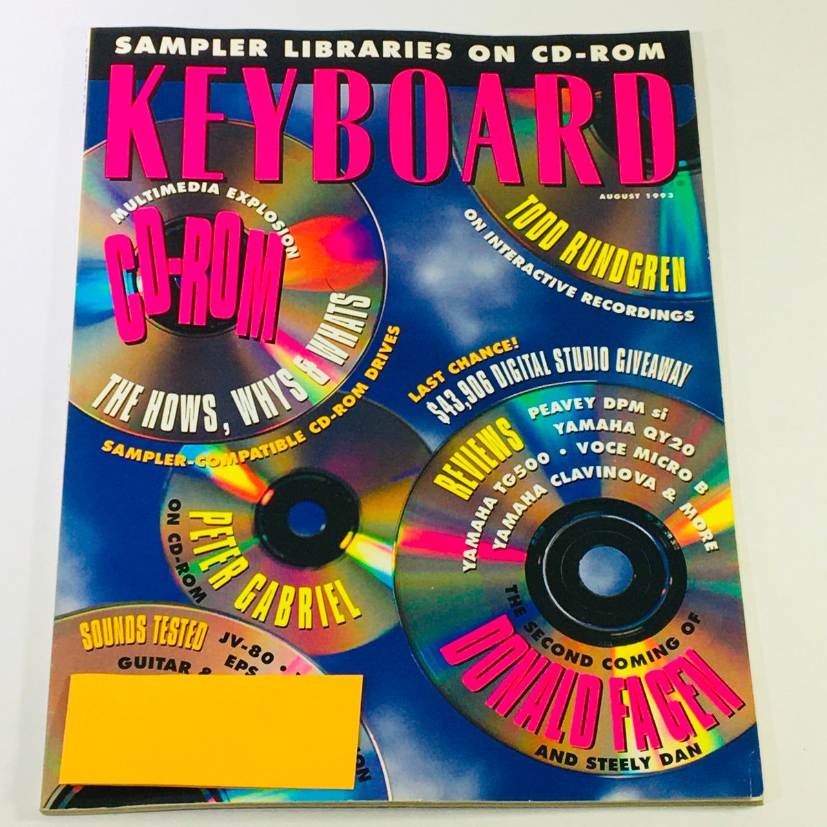 Cover of Keyboard Magazine from August 1993, featuring highlights on Peter Gabriel, Todd Rundgren, and Donald Fagen. The design includes vibrant colors and CD-ROM graphics, indicating a focus on multimedia and interactive recordings.