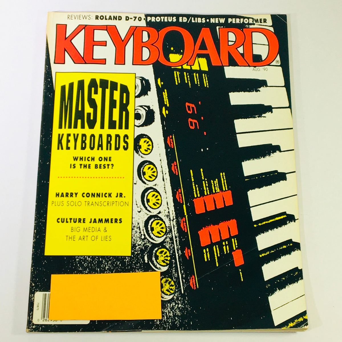 Cover of Keyboard Magazine August 1990 featuring Harry Connick Jr. and the Culture Jammers, showcasing master keyboards, vibrant colors, and vintage design.