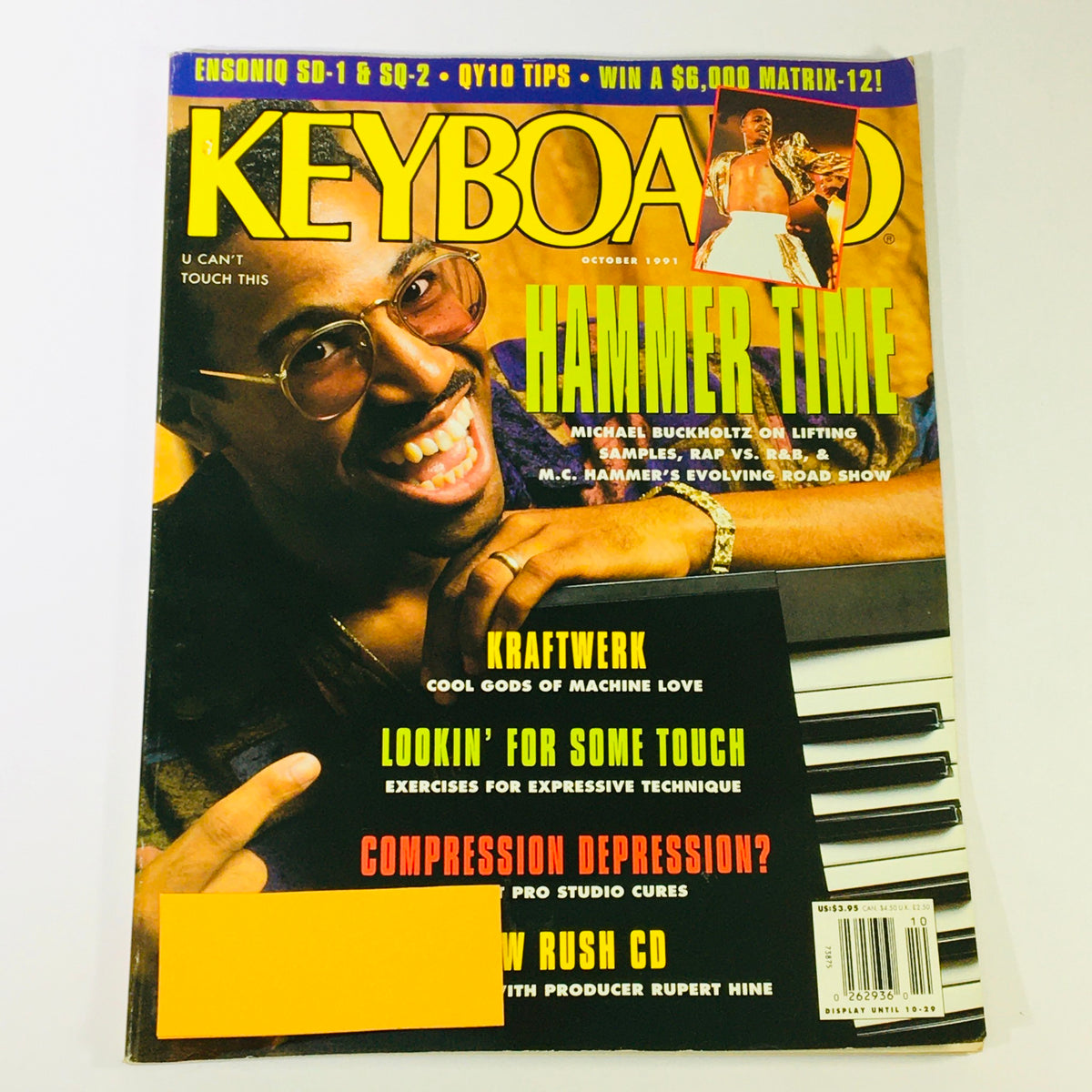Keyboard Magazine October 1991 issue featuring the title 'Hammer Time' with a cover article by Michael Buckholtz on lifting samples, showcasing early 90s music culture. The magazine includes highlights of M.C. Hammer's evolving road show and is centered around keyboard innovations and sampling techniques.