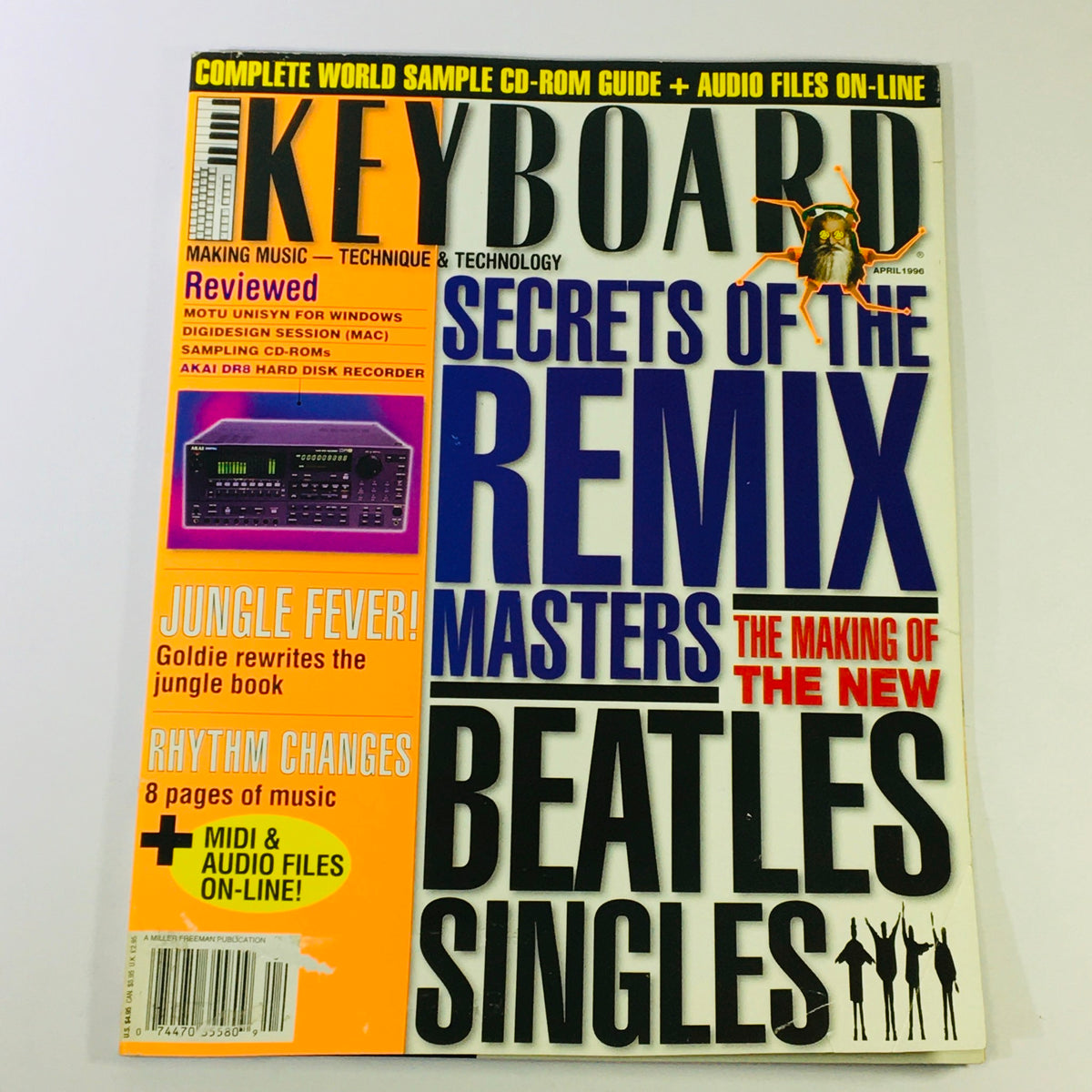 Keyboard Magazine April 1996 cover featuring 'Secrets of the Remix Masters' and 'Beatles Singles'. The magazine showcases vibrant 90s music themes and influential articles for collectors.