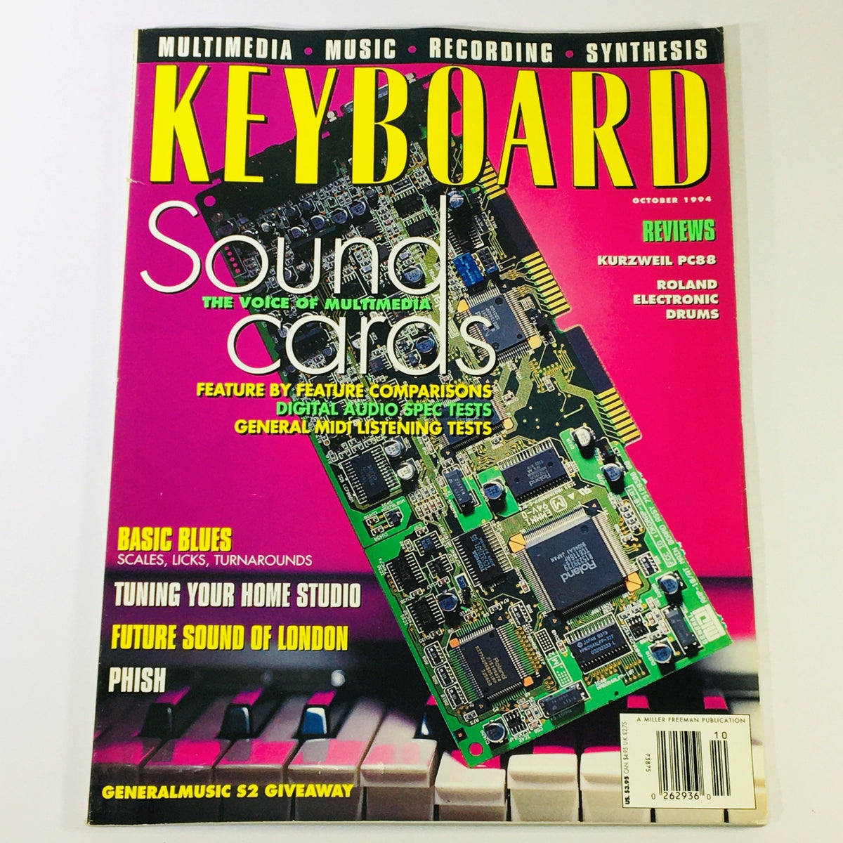 Keyboard Magazine October 1994 featuring reviews of Kurzweil PC88 and Roland Electric Drums. Cover highlights include multimedia music, sound cards, and key features of the 90s music technology.