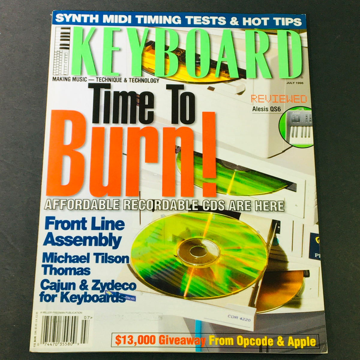 Keyboard Magazine July 1996 cover featuring Michael Tilson Thomas, Cajun and Zydeco for Keyboard, with a vibrant design highlighting affordable recordable CDs and synth MIDI tips.